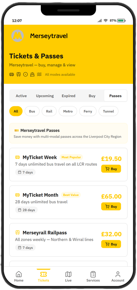 Example tickets and passes screen showing active travel products and purchase options
