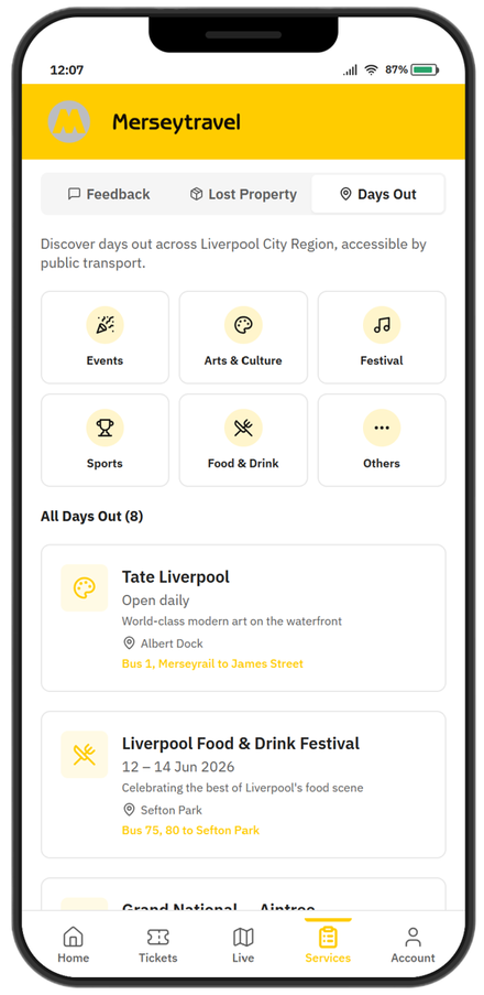 Example days out screen showing events and attractions accessible by public transport